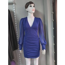 My Model Mavi Mini Dekolteli Tül Elbise