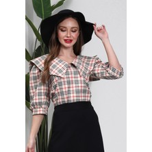 Küçüğüm Butik Yakalı Krem Ekose Bluz