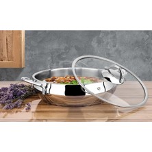Lines Zeycan 26 cm Basık Küre Çelik Tencere Metal Kulp Cam Kapak