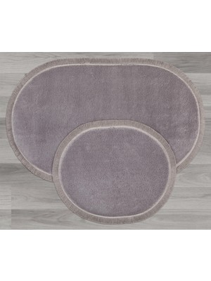 My Evilla Modern Dekoratif Halı Jel Kaymaz Taban Peluş Gri Saçaklı Oval Paspas Takımı 60X100