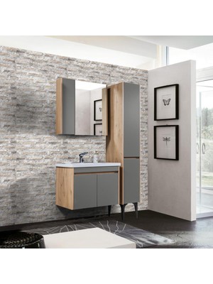 Trio Modül Istanbul Banyo Dolabı 80 cm 3'lü Set - Meşe - Sm Kaya Gri