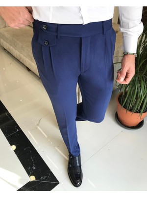 Terzi Adem Italyan Stil Slim Fit Erkek Pileli Kumaş Pantolon Mavi T8848