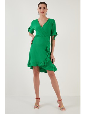 Lela Fırfırlı Kruvaze Yaka Kısa Kollu Krinkıl Esnek Elbise Bayan Elbise 5865016