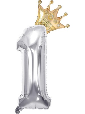Patladı Gitti 1 Gümüş Rakam ve  Gold Kral Tacı Folyo Balon Doğum Günü Parti Kutlama Seti