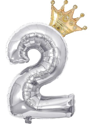 Patladı Gitti 2 Gümüş Rakam ve  Gold Kral Tacı Folyo Balon Doğum Günü Parti Kutlama Seti
