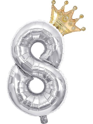 Patladı Gitti 8 Gümüş Rakam ve  Gold Kral Tacı Folyo Balon Doğum Günü Parti Kutlama Seti