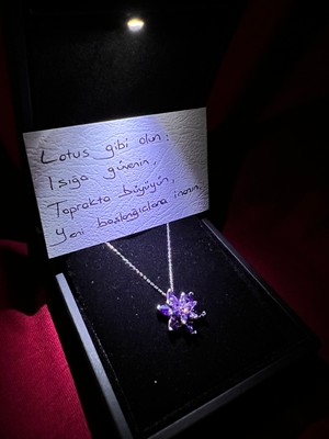 925 Gümüş Işıklı Kutu ile Siyah Taşlı Lotus Çiçeği 925 Ayar Gümüş Kolye