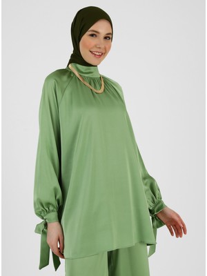 Refka Saten Bağlama Detaylı Tunik&pantolon Ikili Takım - Soft Yeşil - Refka Woman