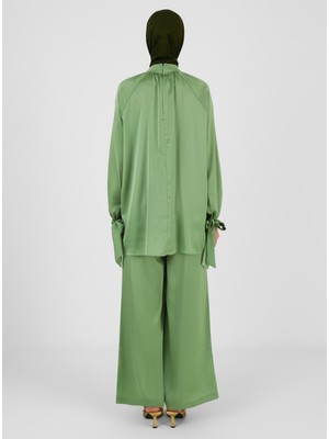 Refka Saten Bağlama Detaylı Tunik&pantolon Ikili Takım - Soft Yeşil - Refka Woman