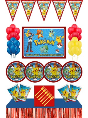 Parti Furyası Pokemon Doğum Günü Konsepti Afişli 16 kişilik Masa Etekli Pokemon Doğum Günü Seti 