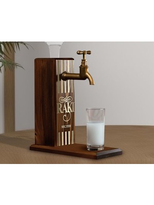 Bk Gift Aynalı Altın Kabartma Musluklu Doğal Ceviz Ahşap Rakı Standı, Home Bar, Içecek Dispenseri, Ahşap Içecek Çeşmesi-1