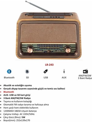 Leader LR-243 Radio,bt,usb,tf Retro Müzik Kutusu