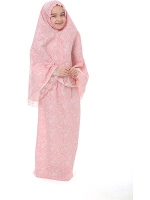 Oulabi Mir Kız Çocuk Namaz Elbisesi Pamuklu Çiçek Baskılı Dantel Detaylı Lila