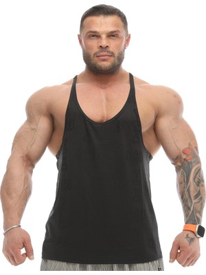 Big Sam Erkek Siyah Fitness Vücut Geliştirme Atleti Kendinden Desenli %100 Polyester 2206