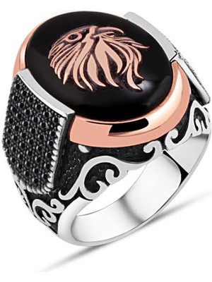 Amberkan Oniks Taş Üzeri Kartal Başlı Kenarı Minik Zirkon Taşlı Erkek Yüzük