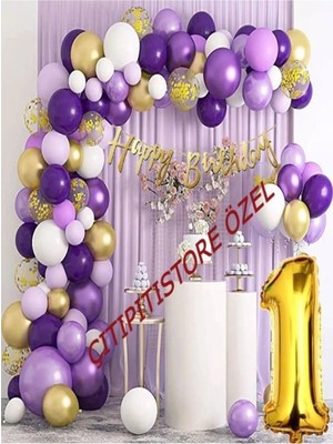 Çıtı Pıtı Store 1 Yaş Macaron Mor Balon Zinciri Seti Gölge Mor Altın Balon Dekorasyon