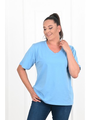Koza Butik Kadın Basic T-Shirt V Yaka Kısa Kol 3XL Esnek ve Rahat Kumaş