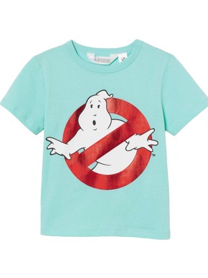 Lolli Boom Kids  Kız Erkek Çocuk Turkuaz Renk Varak Baskı Ghost Busters Hayalet Avcıları Kısa Kol T-Shirt Indigo Mavi