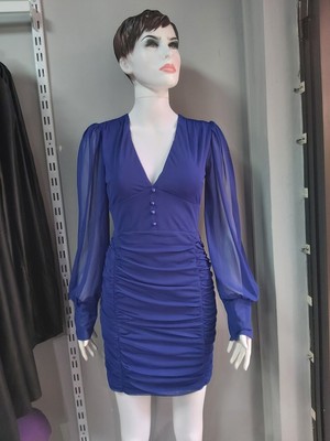 My Model Mavi Mini Dekolteli Tül Elbise