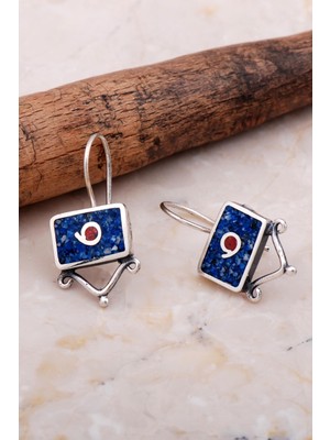 Sümer Telkari Antik Mozaik Işlemeli Lapis Lazuli Taşlı Gümüş Küpe 6060