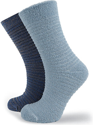 Black Arden Socks 2 Çift Mavi Gri Kışlık Bayan Peluş Havlu Çorap