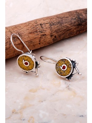 Sümer Telkari Antik Mozaik Işlemeli Sarı Kuvars Taşlı Gümüş Küpe 6065