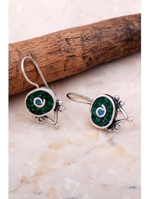 Sümer Telkari Antik Mozaik Işlemeli Malakit Taşlı Gümüş Küpe 6075