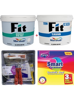 Marshall Fit Silikonlu İpek Mat Silinebilir  Duvar Boyası 3.5 kg + Marshall Fit Extra Tavan Boyası 3.5 kg + Duvar Boyama Seti