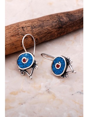 Sümer Telkari Antik Mozaik Işlemeli Turkuaz Taşlı Gümüş Küpe 6076