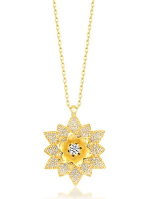 925 Gümüş Gümüş Gold Beyaz Taşlı Lotus Çiçeği Kadın Kolye