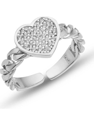 925 Gümüş Gümüş Ayarlanabilir Kalpli Kadın Yüzük