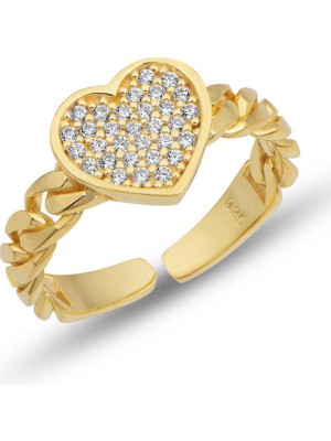 925 Gümüş Gümüş Ayarlanabilir Gold Kalpli Kadın Yüzük