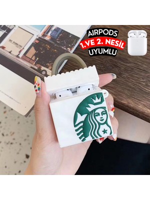 Ewec Airpods 1. ve 2. Nesil Uyumlu Starbucks Çanta Kopçalı Koruyucu Silikon Kılıf, Darbe Emici Kılıf