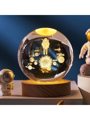 KENPAZAR BSSM Dekoratif Bütün Gezegenler Tasarımlı Ahşap Altlıklı Işıklı Cam Küre