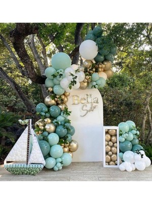 Best Parti Ada Çayı Kış Yeşili Beyaz Krom Gold Balon Seti 50 Adet