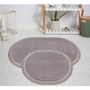 My Evilla Modern Dekoratif Halı Jel Kaymaz Taban Peluş Gri Saçaklı Oval Paspas Takımı 60X100