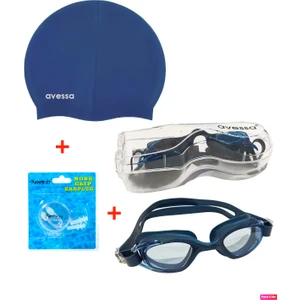 3'lü Yetişkin Unisex Havuz Seti Yüzücü Deniz Gözlüğü Havuz Gözlüğü + Bone + Kulak Burun Tıkacı Mavi