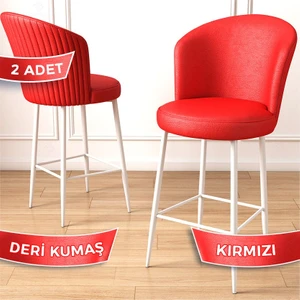 Uras Serisi 2 Adet Deri Bar Sandalyesi Deri Ada Mutfak Sandalyesi Beyaz Metal Ayaklı