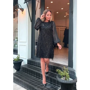 Ada Style Siyah Pulpayet Büyük Beden Elbise Saçaklı,terend