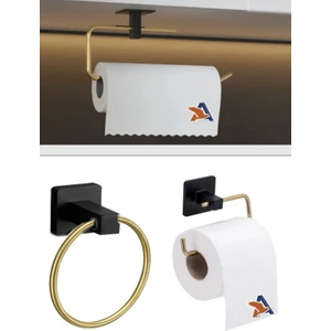3 Lü Gold Banyo Mutfak Havlu Askılık Seti Yapışkanlı Paslanmaz Tuvalet Kağıt Havlu  Askılığı