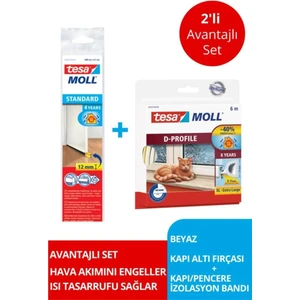 Tesamoll D-Profil  Kapı Pencere Izolasyon Bandı, 6MX9MMX7MM, Beyaz + Kapı Altı Hava Akımı Önleyici Fırça, 1MX37MM