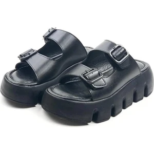 Kadın Sero Siyah Çift Bant Kalın Taban Ortopedik  Sandalet Terlik