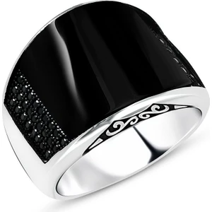 925 Ayar Gümüş Zirkon Taş Işlemeli Siyah Bombeli Oniks Taşlı Erkek Yüzük