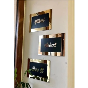 Home Jamin 3D (Üç Boyutlu) Gold Aynalı Sabret Şükret Dua Et Üçlü Set Islami Duvar Tablosu