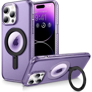 M.TK Moveteck Apple Iphone 14 Pro Max Uyumlu Kılıf Magsafe Şarj Özellikli Mag Standlı Büyüteç Merçek Halkalı Rock Serisi Logo Gösterir Case