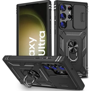 Galaxy S23 Ultra Için Kayar Lens Koruyucu Halka Standlı Telefon Kılıfı - Siyah (Yurt Dışından)