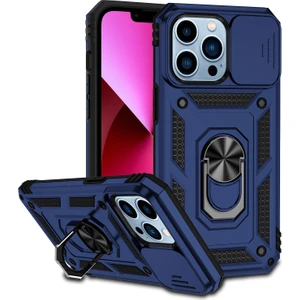 Apple iPhone 14 Pro Max Için Halka Ayaklı ve Kayar Kamera Kapaklı Telefon Kılıf - Mavi (Yurt Dışından)