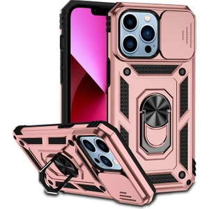 Apple iPhone 14 Pro Max Için Halka Ayaklı ve Kayar Kamera Kapaklı Telefon Kılıf - Rose Gold (Yurt Dışından)