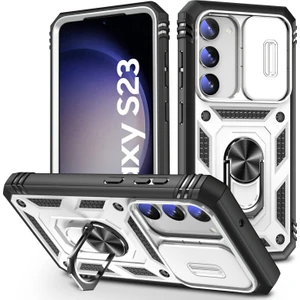 Galaxy S23 Için Kayar Lens Koruyucu Halka Standlı Telefon Kılıfı - Beyaz (Yurt Dışından)