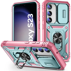 Galaxy S23 Için Kayar Lens Koruyucu Halka Standlı Telefon Kılıfı - Yeşil / Pembe (Yurt Dışından)